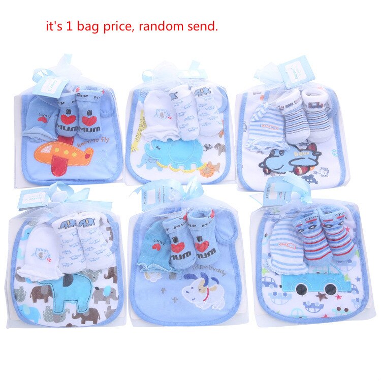 1 bag Baby Cotton Bibs Towel Socks Sets Newborn Kids Burp Cloths+Socks +Anti-scratch Gloves Boys Girls Christmas Birthday: boy