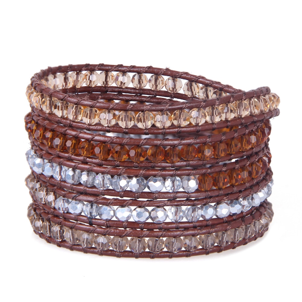KELITCH Multilayered Wrap Armbanden Polsbandjes Handgemaakte Lederen 5 Strand Crystal Kralen Manchet Armbanden Bijoux Unisex Vrouwen Mannen