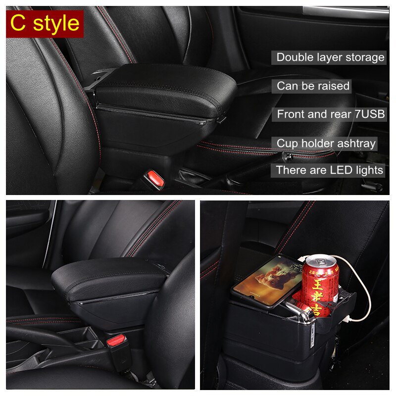 Armrest box For Toyota Yaris Hybrid sol - Dual Layer Rotatable Large Space Central Store Content Box: C Styke All Black