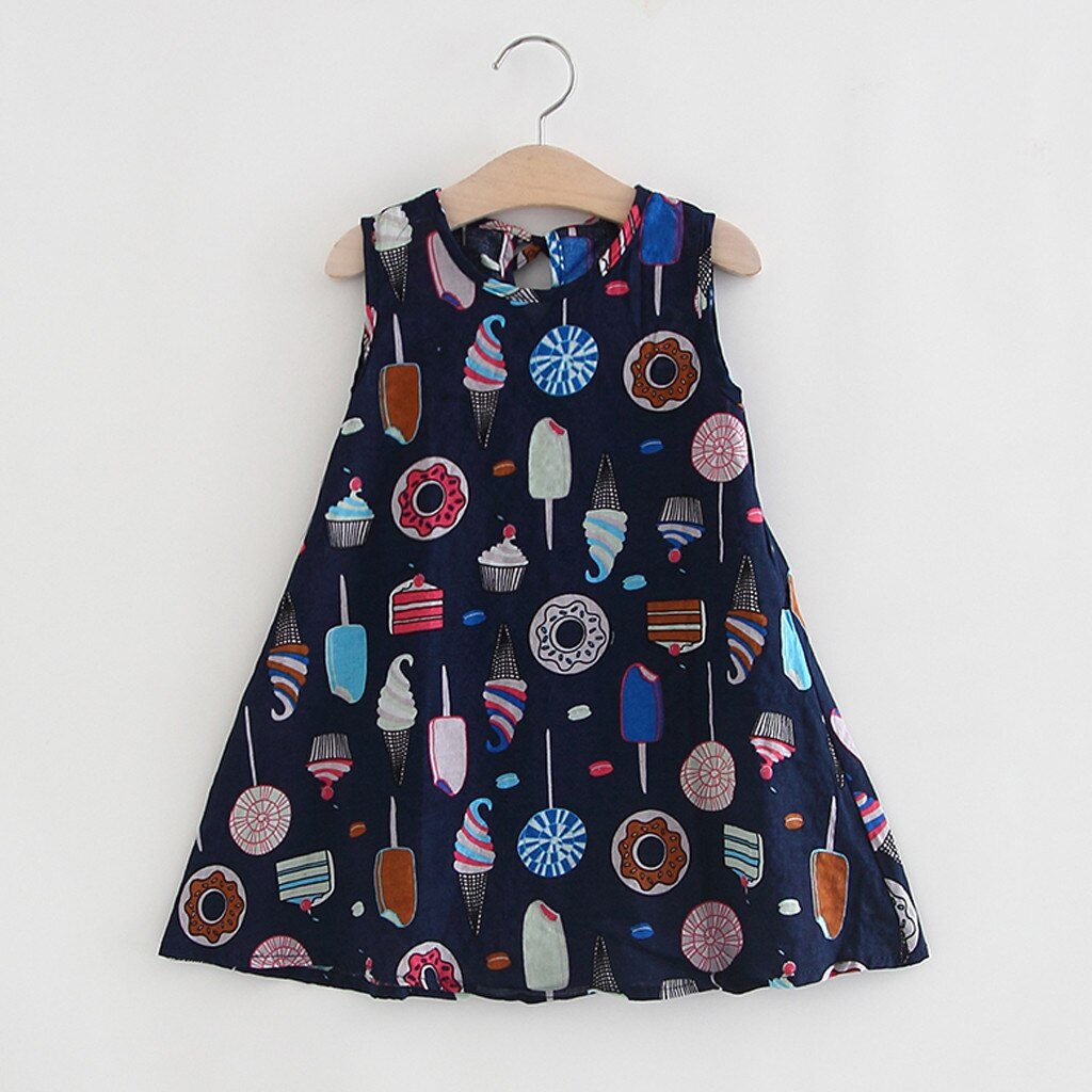 Toddler Girls Dress Summer Baby Kid Girls Sleeveless Ice Cream Cake Print Dress Clothes Kids Dresses For Girls Clothing Vestidos: Navy / 5Years