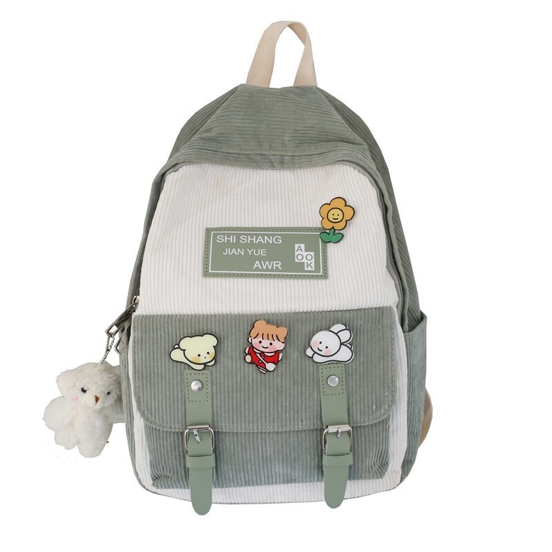 Cute Corduroy Backpacks for School Teen Girls Patchwork Colorful Bagpack Kids School Bags Double Buckles Travel Knapsack H246: green / only pins