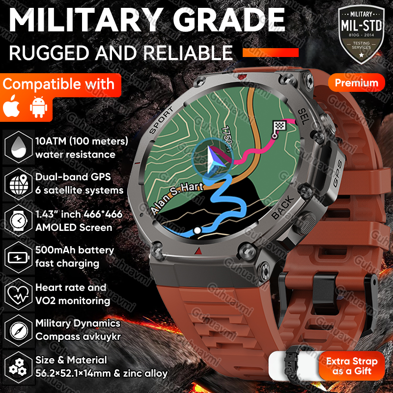 T-Rex 3 Wbudowany Dwuzakresowy GPS Wojskowy Smartwatch Męnarty Kompas Altimetr Barometryczny 10ATM i IP69K Wodoodporny 170+ Sportowy Smartwatch: SZARY