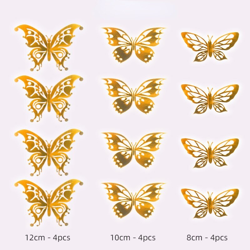 12 Stks/partij 3D Hollow Vlinder Muurstickers Goud Rose Goud Metallic Glans Stickers Diy Slaapkamer Woonkamer Feestelijke Decoratie: G / Rose gold