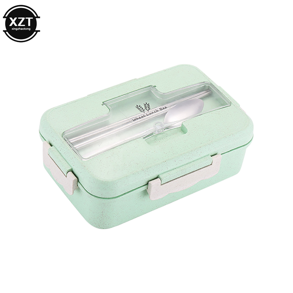 3Grid Microwave Lunch Box Wheat Straw Dinnerware Food Storage Container Children Kids School Office Bento Box Portable Lunch Bag: Silver