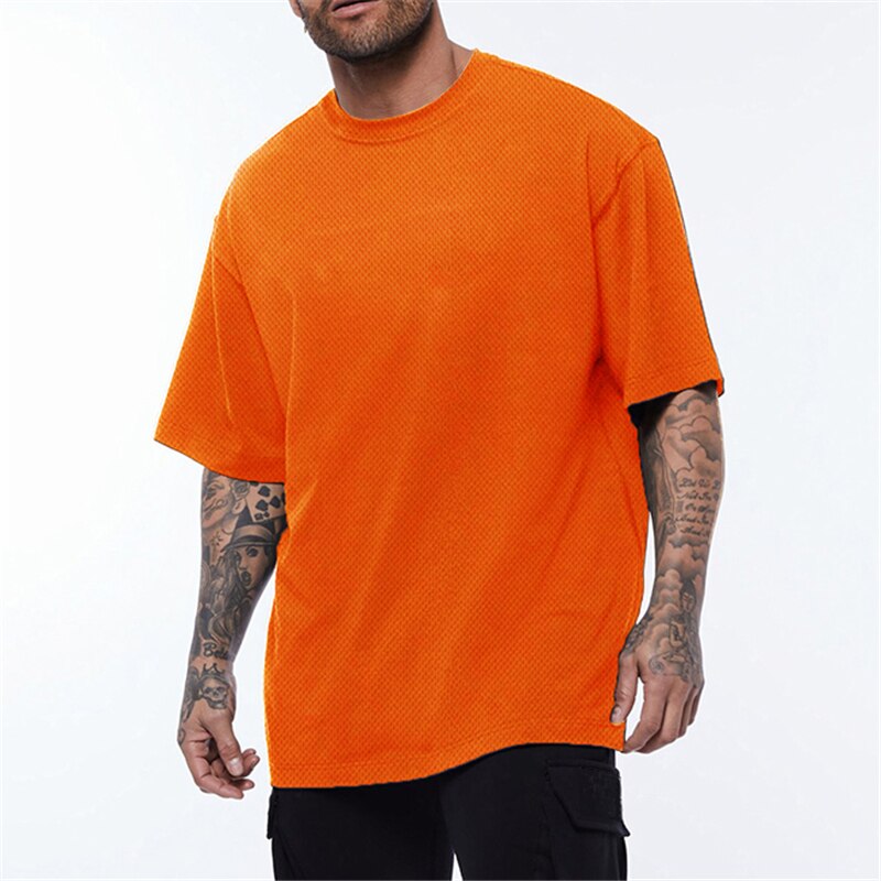 Oversized T shirt Men Shoulders Gym Bodybuilding Fitness Loose Hip-Hop T-shirt Quick Dry Mesh Streetwear Sports Tshirt