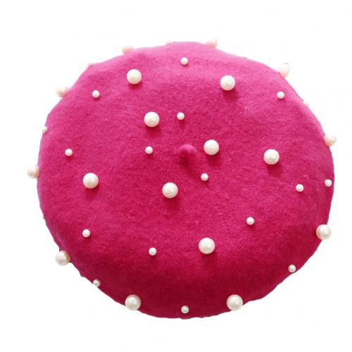 Béret en laine pour femme, couleur unie, automne-hiver, fausses perles, chaud, casquette de peintre, perles étoilées, rivets: Rouge prune