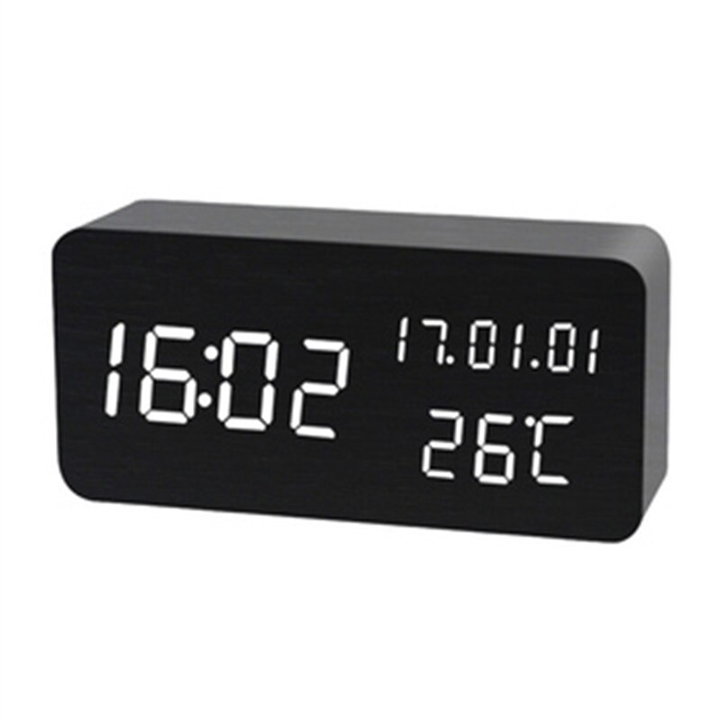 Wooden Snooze Table Digital Clock Bedroom Desk Electronic Clock with Date/Time/Week/Temperature Display Rectangle White Light: black