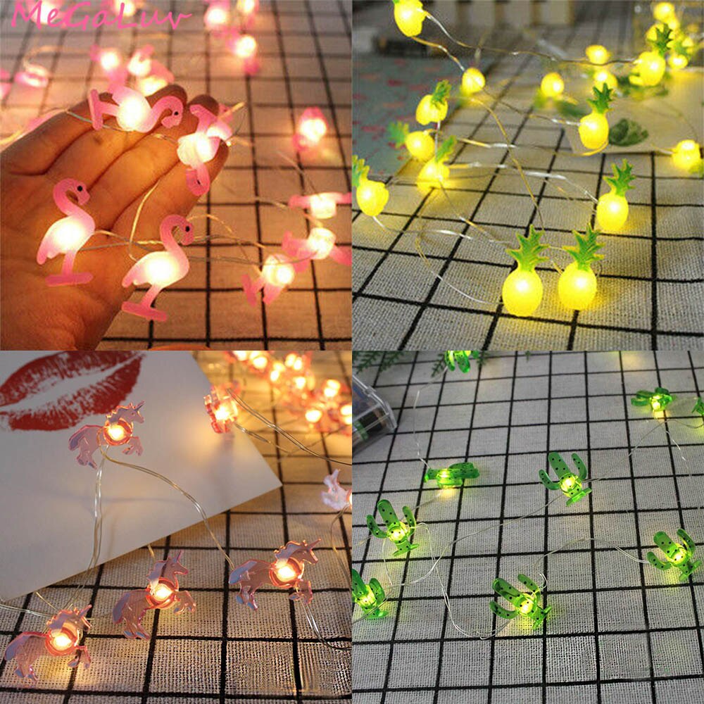 Guirnalda de luces 20 piezas luminosas hawaianas para decoración de fiestas, flamencos, unicornios, Cactus, suministros para LED en forma de piña