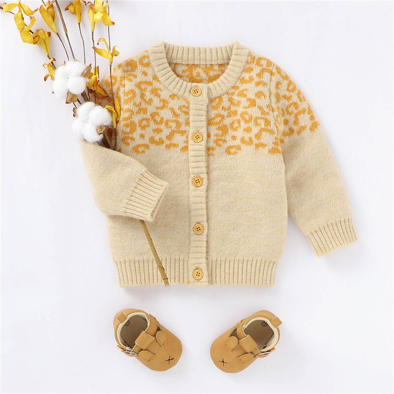 3M-24M Infant Baby Girl Leopard Print Sweater Coat Long Sleeve O-neck Button Knit Cardigan Toddler Girls Tops for Autumn Winter