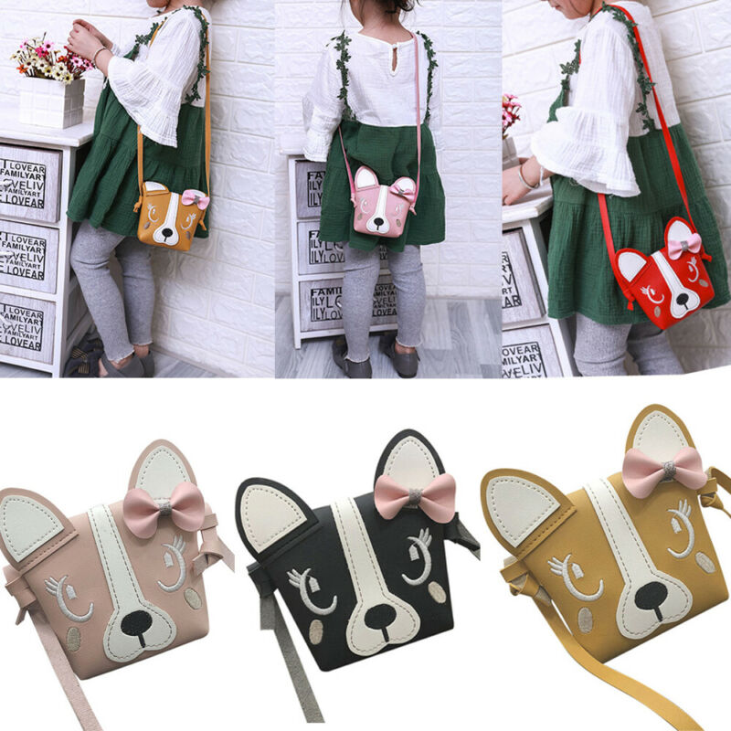 Mini sac à bandoulière en cuir PU, sacoche chien mignon avec nœud papillon pour enfants filles, décontracté