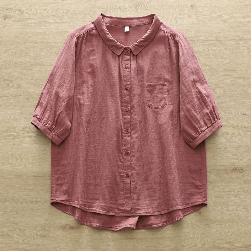 Neue Frühling Baumwolle Garn solide verlieren Hemd Frauen Revers Kurzarm oben Mädchen retro ol Pendel blusen 2024 Sommer t45449qc: L / Rosa