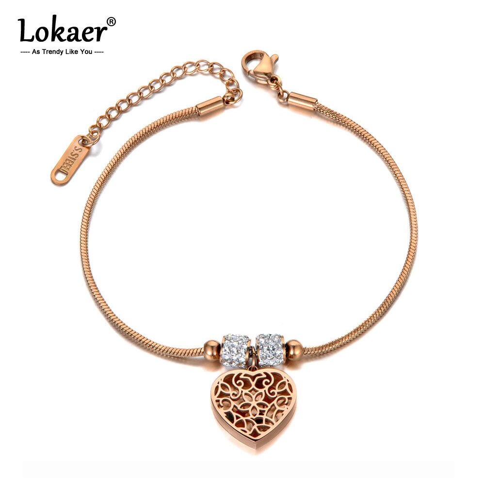 Lokaer CZ cristal & coeur Bracelets porte-bonheur Bracelet pour femmes acier inoxydable serpent chaîne bohême plage Bracelet bijoux B19119