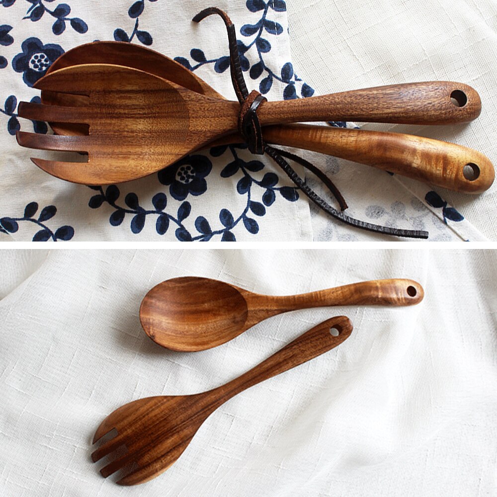 Houten Lepel Salade Vork Grote Opscheplepel Set Houten Keukengerei Lange Handvat Soeplepel Pollepel Salade Server Servies