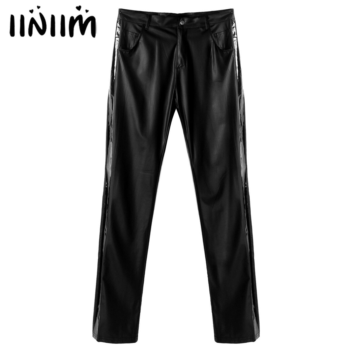 Men Black Long Pants Wet Look Faux Leather Patchwork Legging Pants Clubwear Motorcycle Mid Waist Trousers with Pockets