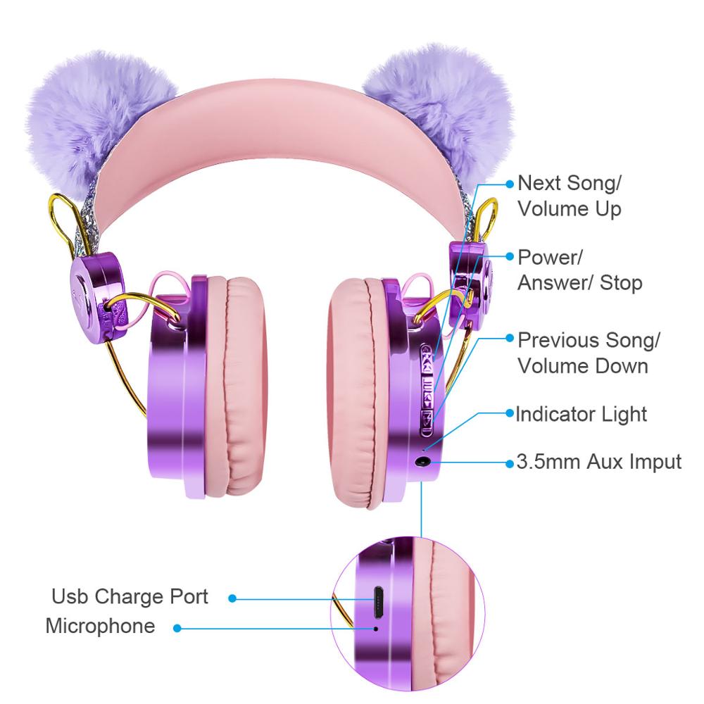 Bling fille enfant Bluetooth casque sans fil avec Microphone luxe paillettes mignon Hairball musique casque filaire téléphone casque