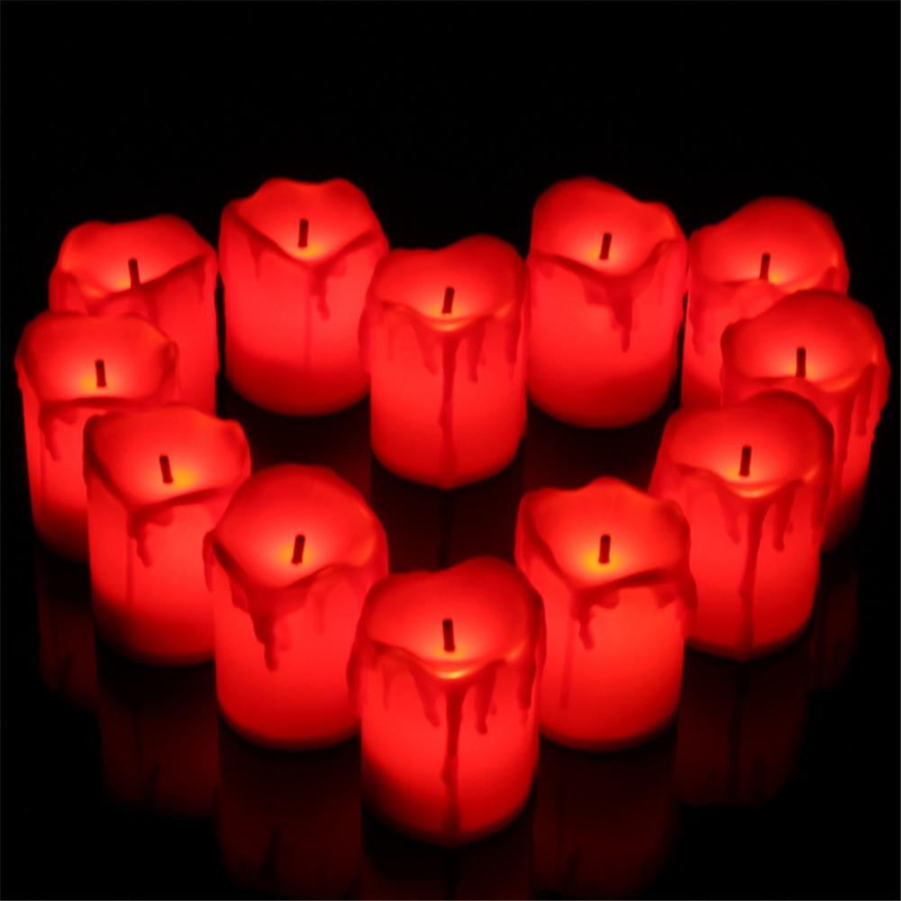 Set of 12 Warm White Big Votive Candles Flameless LED Electric Battery Powered Tealight Candles Wedding Decorative: red base