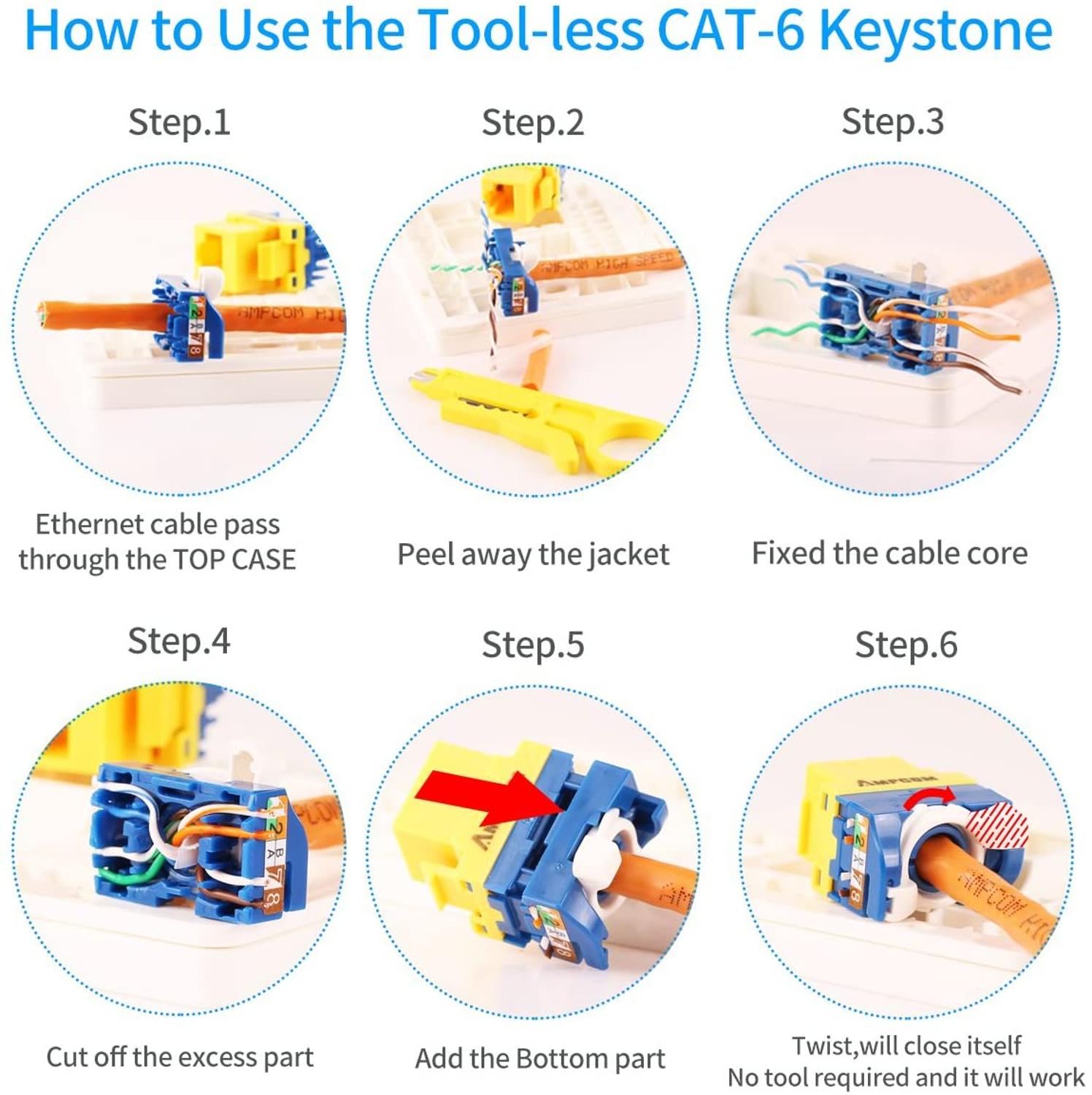 AMPCOM 10-Pack CAT6 RJ45 Tool-Less Keystone Jack, No Punch Down Tool Required UTP Module Connector Blue