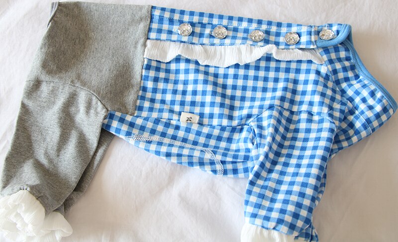 Mono fino de algodón puro para perro, ropa para cachorro, mono a cuadros azules, pijamas para proteger el vientre, para perros pequeños, Chihuahua, caniche: 14