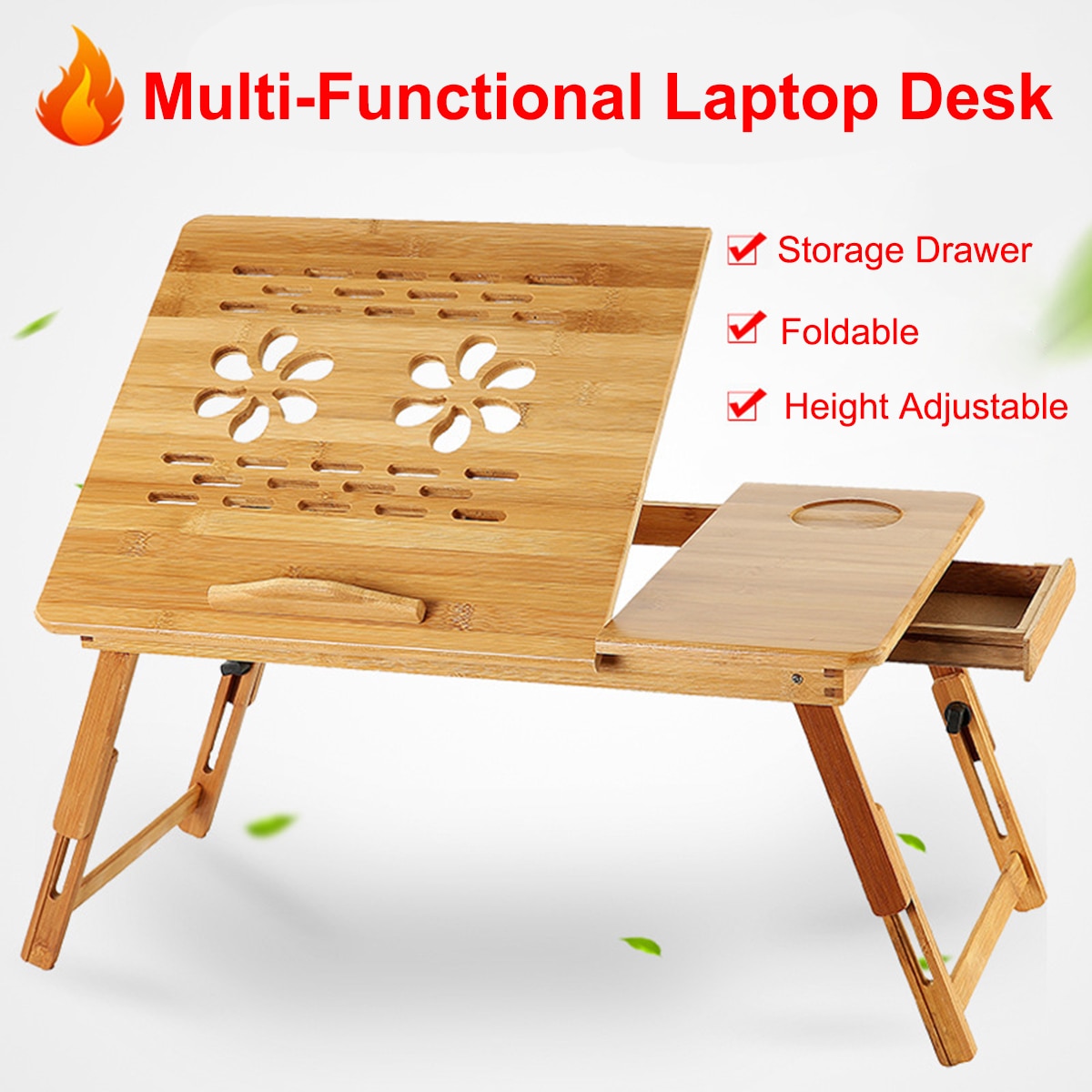 Opvouwbare Bamboe Notebook Laptop Desk Stand Bed Lade Tafel Hoogte Verstelbare Met 4 Hoeken Kantelen Top Koelventilator Lade