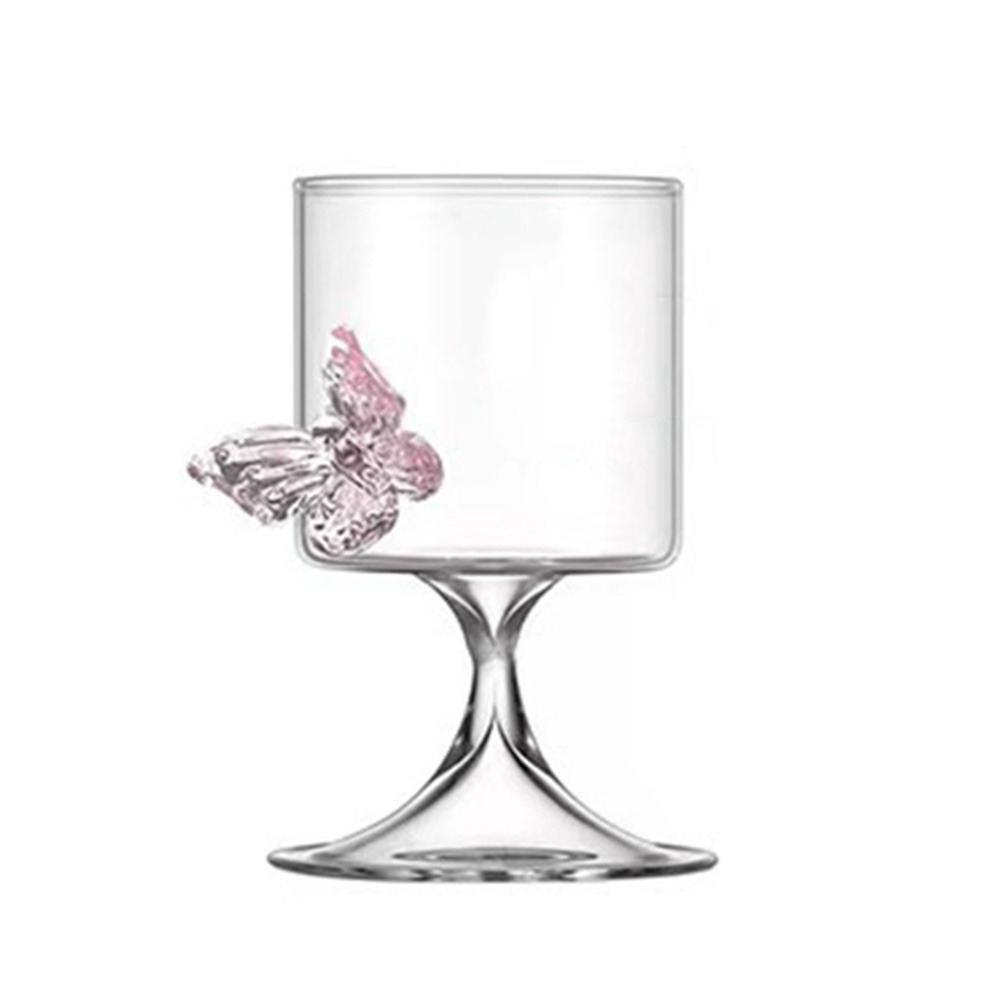 Light Luxury Glass Goblet With Butterfly Ornament Heat-Resistant Stripe Wine Glass Household Cold Drink Glasses Party Supplies: Pink