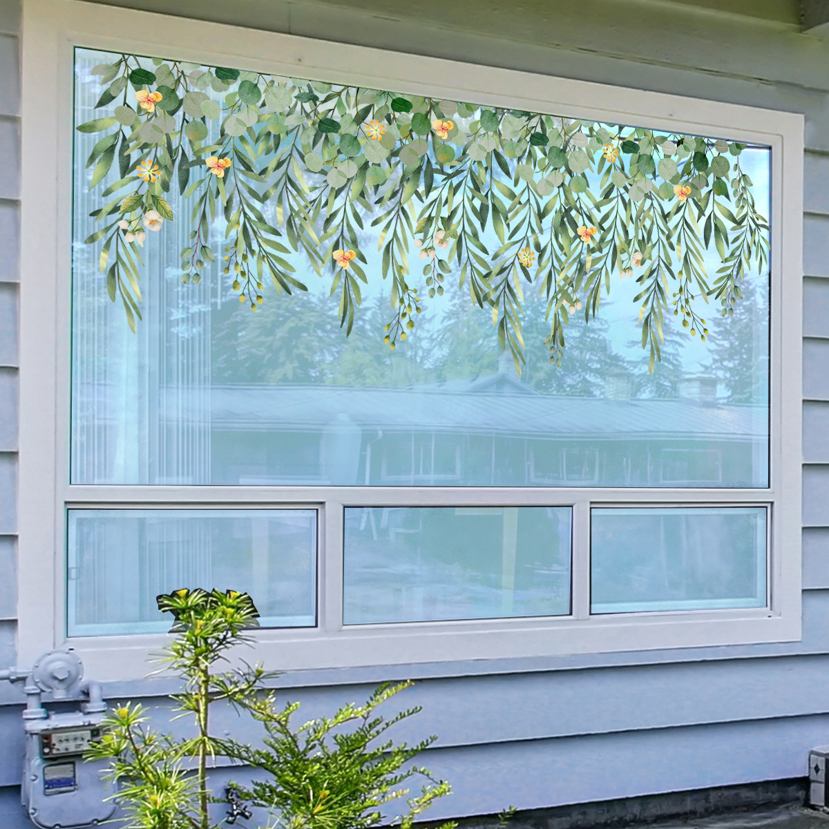 Ramitas de hojas caídas pintadas a mano, calcomanía de vidrio de flores frescas para exhibición de ventana o decoración de fondo de pared, autoadhesiva