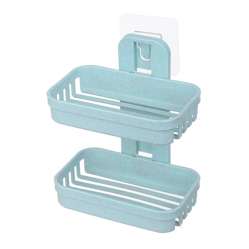 Soporte de plástico con ventosa para el baño, soporte de pared de doble cubierta, drenaje , almacenamiento de jabón, bastidores dobles, novedad: Verde