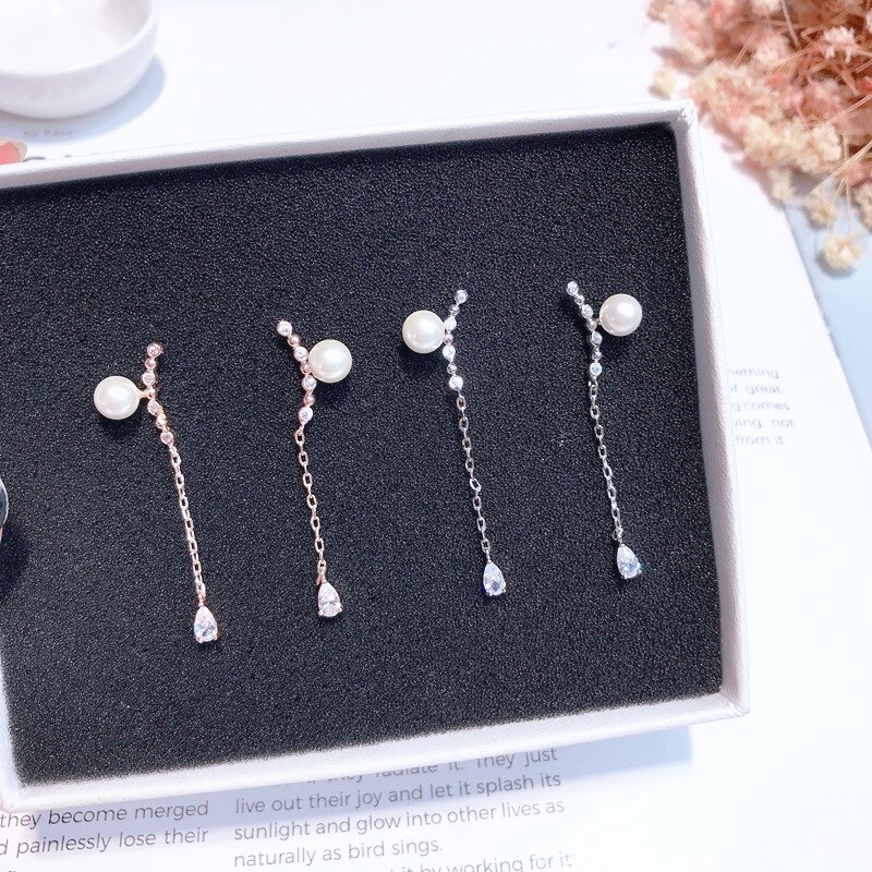 Women Korean TV Star Zircon Cute Simulation Pearl Earrings Rhinestone Long Line Pendientes Jewelry