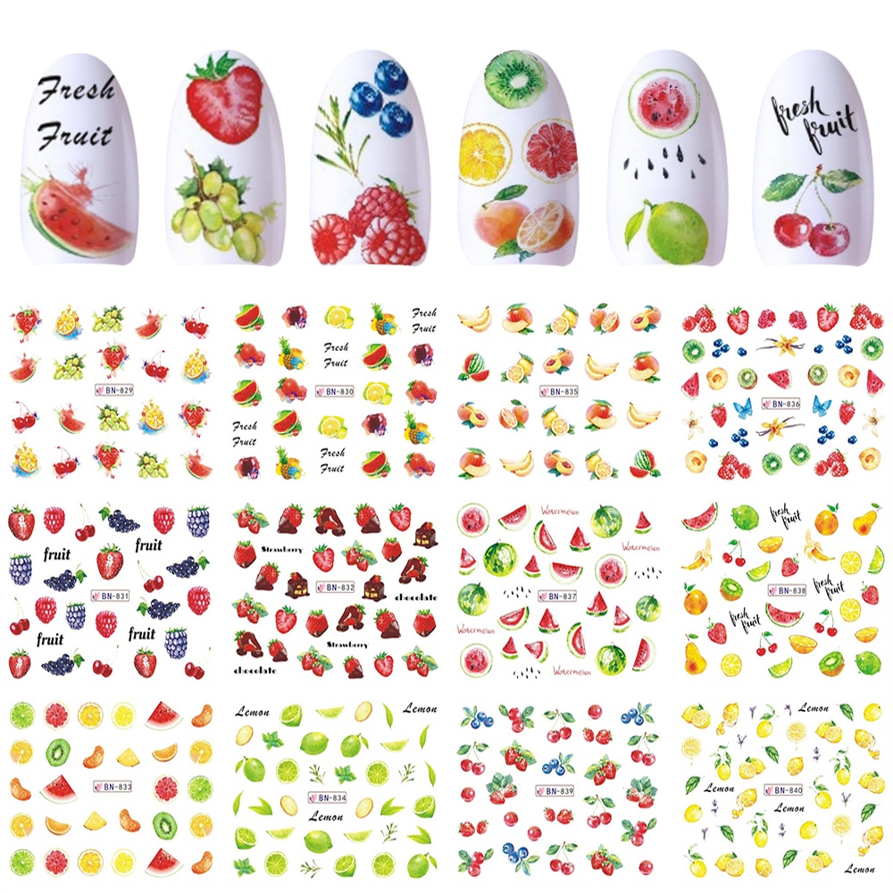 12 Ontwerpen Nail Art Sticker Slider Water Decals Zomer Cherry Aardbei Fruit Voor Transfer Manicure Tip Decoratie JIBN829-840
