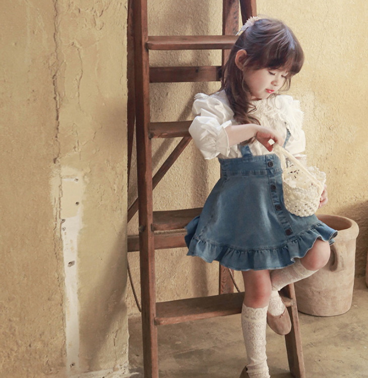 Korean Style Summer Teenagers Girl Skirt Dark Light Blue A-line Denim Overalls Skirt Children Girls Clothes