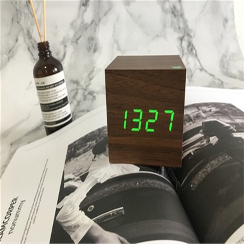 Lille firkantet digital træ led vækkeur træ retro glød ur skrivebord bord indretning stemmestyring snooze funktion despertador: G