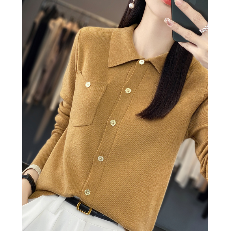 Cardigan feminino com bolso primavera e verão nova camisa de lapela fina imitação de lã camisola alta rua casaco superior mangas compridas: XXL / Cáqui