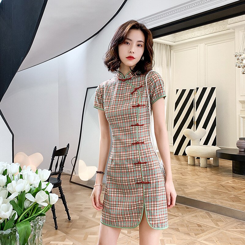 Plaid chinesische kleider Classi Baumwolle Qipao Täglichen Kleid Orientalischen Stil Cheongsam Moderne