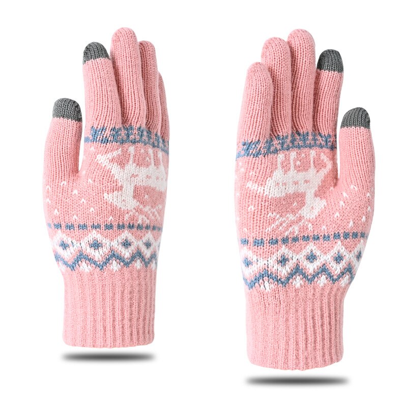 2022 Mens Winter Gloves Thicken Warm Knitted Gloves Unisex Touchscreen Elk Pattern Plus Velvet Outdoor Cycling Cold Gloves: Pink