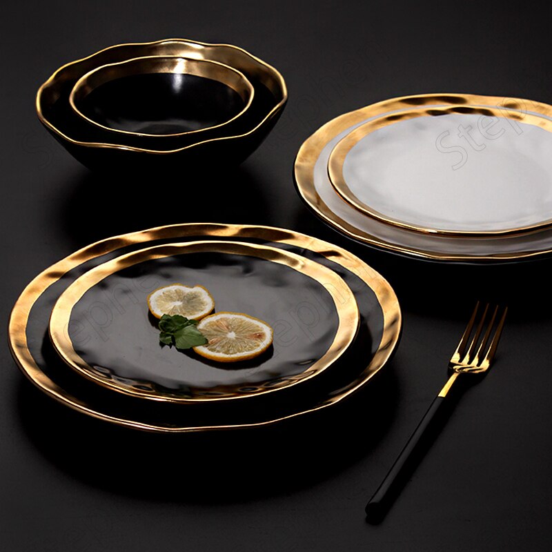 Assiette nordique en céramique à traçage doré mat, blanc et noir, bol à salade d&#39;œufs et de fruits, vaisselle de table, ensemble d&#39;assiettes en or