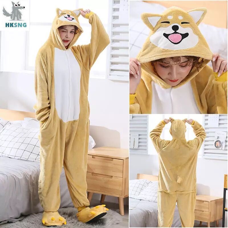 HKSNG Kigurumi Akita Dog Onesie Women Girl Cute Anima Winterl Cartoon Yellow Dog Overall Winter Warm Soft Flannel Suit Kigu