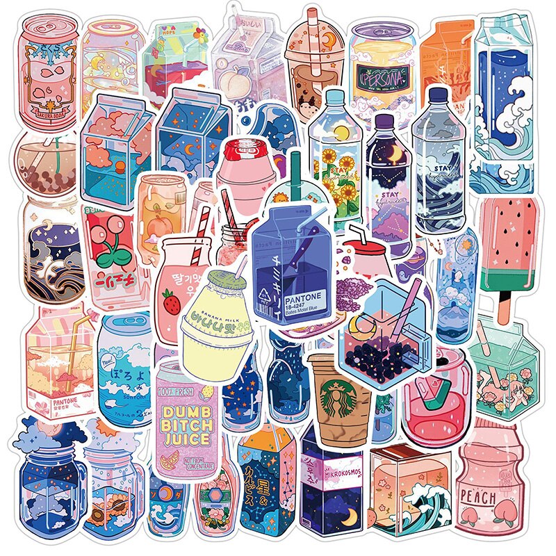 .50PCS Summer Cute Flavored Drink Stickers PVC Kawaii Cartoon Beverage Decal sticker For Girl DIY Laptop Stationery Water Bottle