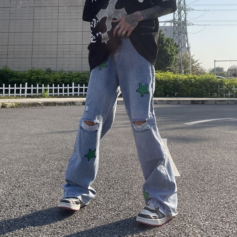 Pu wyszywane litery poszarpane dziury proste dżinsy dla mężczyzn główna ulica myte retro łączone dorywczo spodnie jeansowe luźne ponadgabarytowe