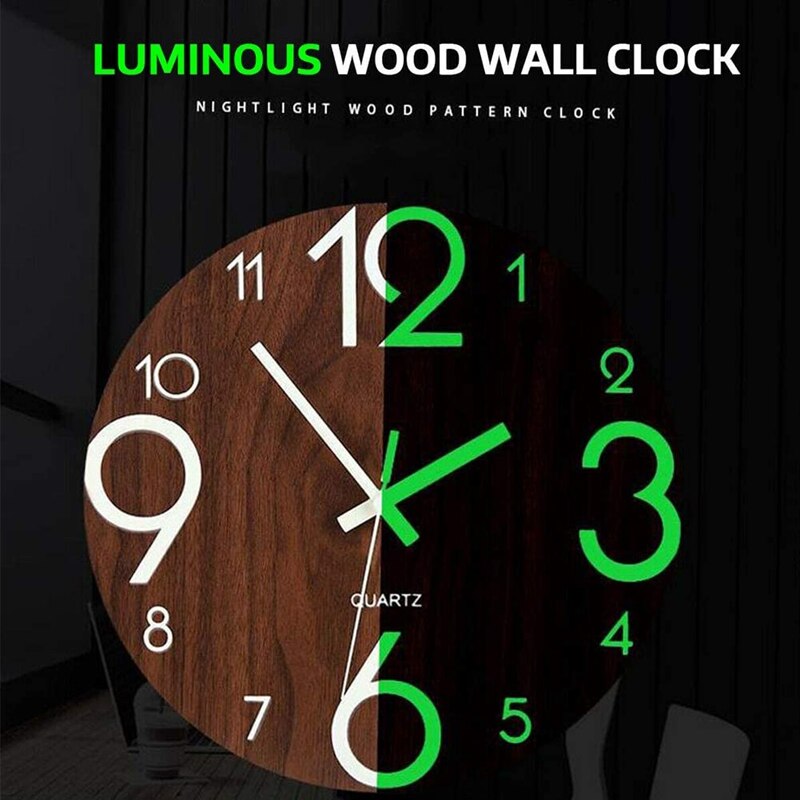 Grande horloge murale lumineuse en bois de 12 pouces, horloge murale silencieuse de cuisine, pour salon intérieur/extérieur