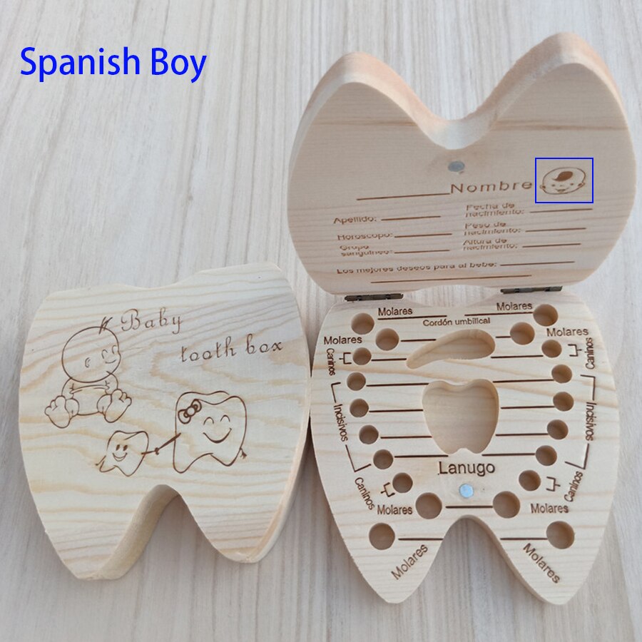 Spansk / engelsk baby træ tandkasse navlestreng arrangør mælketænder opbevaring indsamle tænder baby souvenirs souvenirs: D