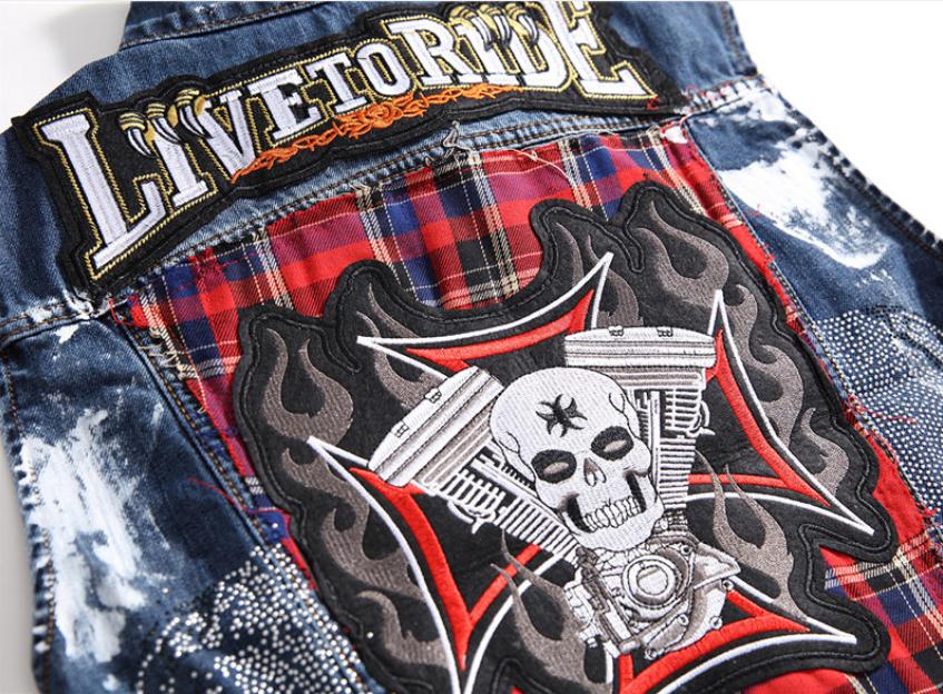 Punk Style Mens Kralen Patchwork Slim Fit Mouwloze Jassen Casual Schedel Borduurwerk Jeans Vesten Casual Print Vest J3010