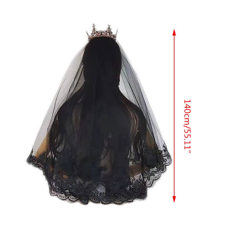 Mantilla de capa única para mujer y niña, velo negro para boda, bordado de pestañas, adorno de encaje Floral, disfraz de Cosplay de Halloween