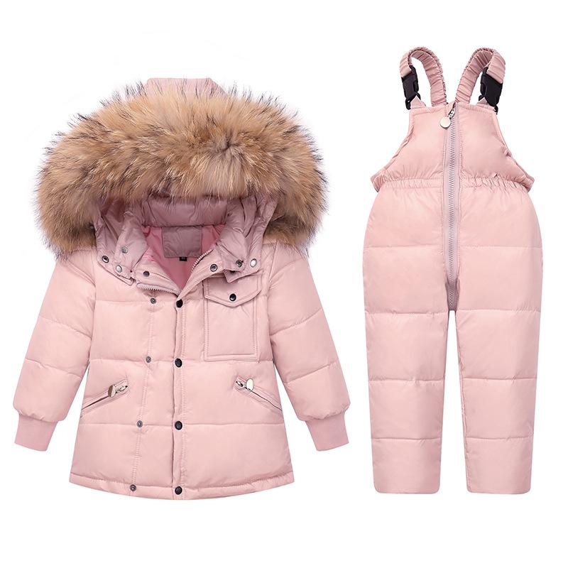 Manteau d'hiver russe pour filles, vêtements d'extérieur pour enfants, combinaison parka à capuche, fourrure, neige épaisse: Pink / 5T