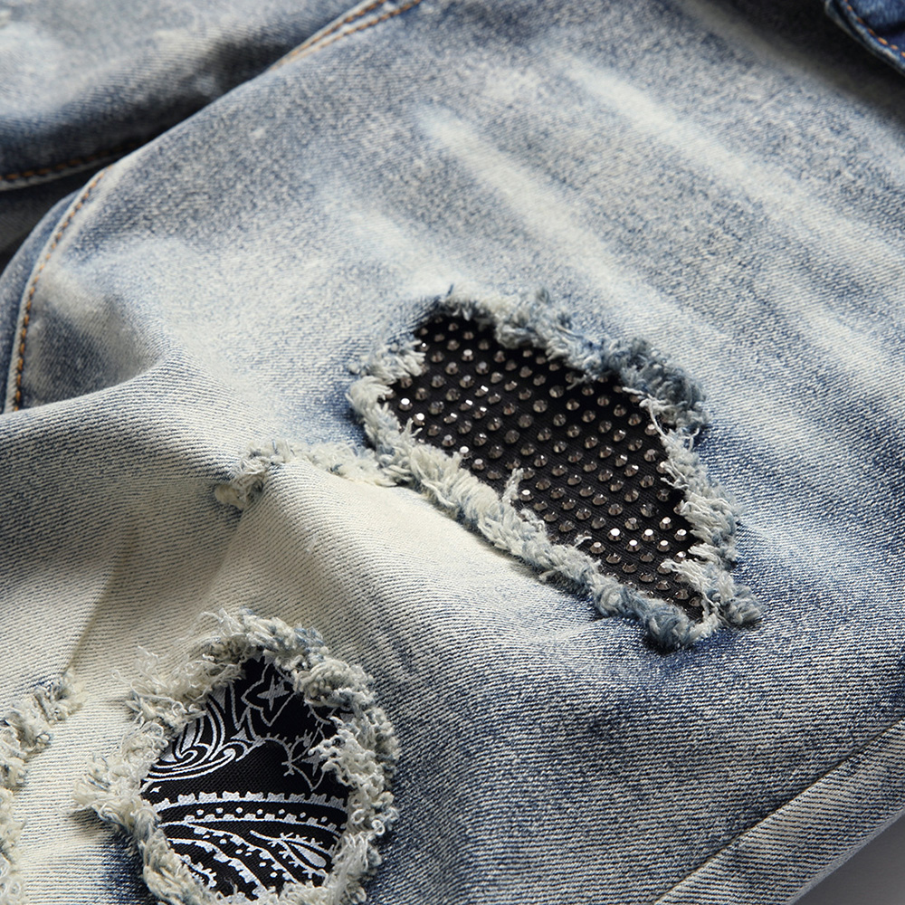 Pantalones vaqueros elásticos de cristal para hombre, ropa de calle con estampado de Bandana de Cachemira, pantalones de retales con agujeros rasgados Vintage