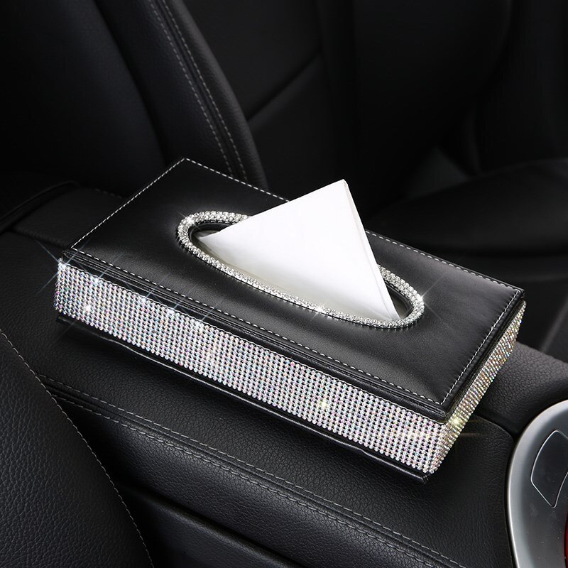 Læder bil tissue box cover serviet holder luksus diamant rhinestone bil assessoires interiør til kvinder piger smukke