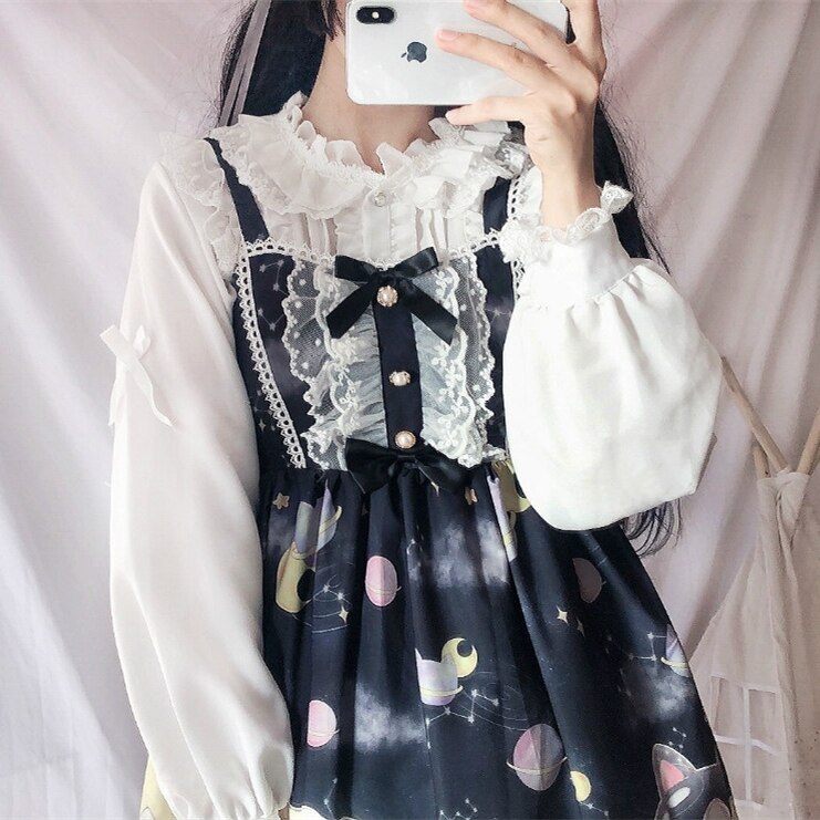 Kawaii lolita klänning vintage spets bowknot viktoriansk klänning kawaii flicka gotisk lolita sweety princess klänning loli cos: Enda skjorta