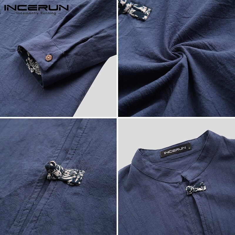 Incerun vintage heren overhemd katoen lange mouw effen mandarijn kraag streetwear camisa chinees traditioneel casual heren overhemd