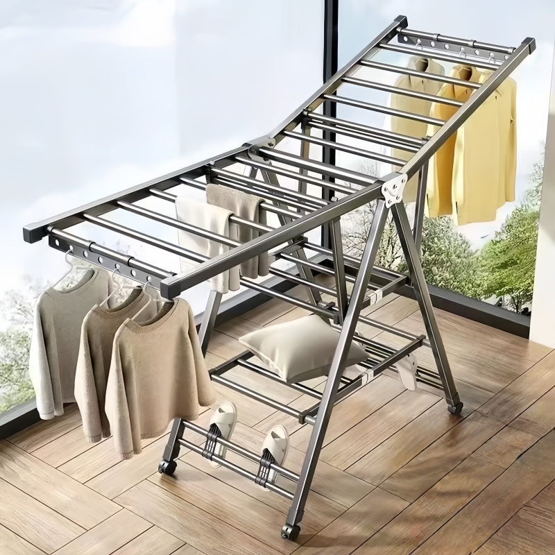 Tendedero de ropa para balcón, estante de secado de ropa móvil plegable de pie para el hogar, tendedero de edredón para dormitorio, 3 pisos
