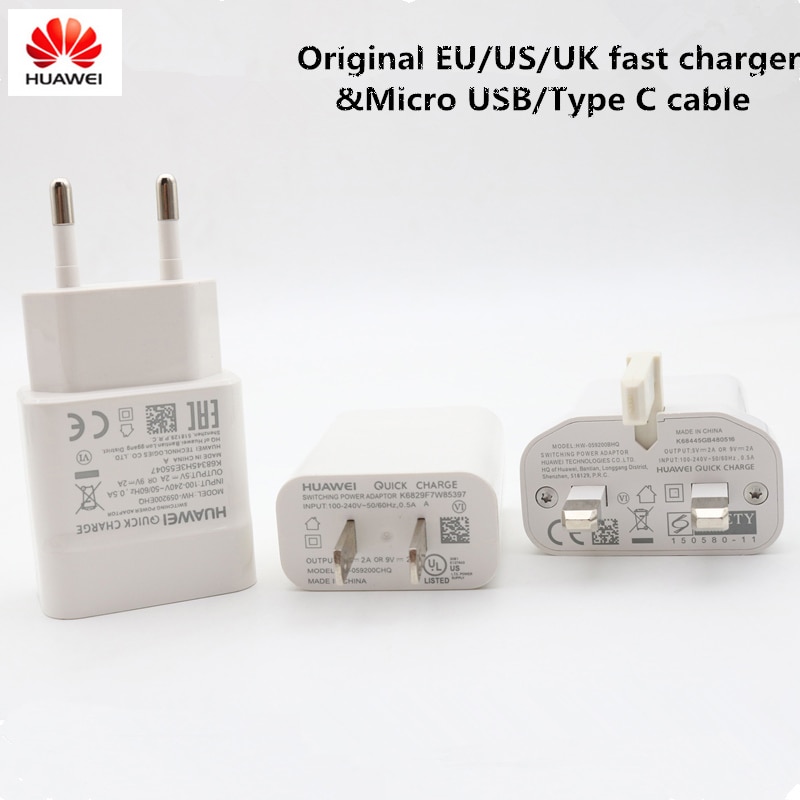 Original Huawei 9V2A EU/UK/US charger Quick Fast Charge Adapter Micro USB/ Type C cable For Mate 7 8 10 Lite Nova 3i P8 10 9