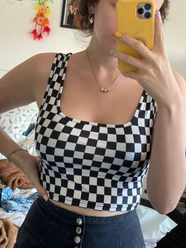 Y2K Dambord Plaid Patroon Crop Top Vrouwen Streetwear Zomer Bodycon Tank Top Shirts Zwart En Witte Kleur Blok Clubwear
