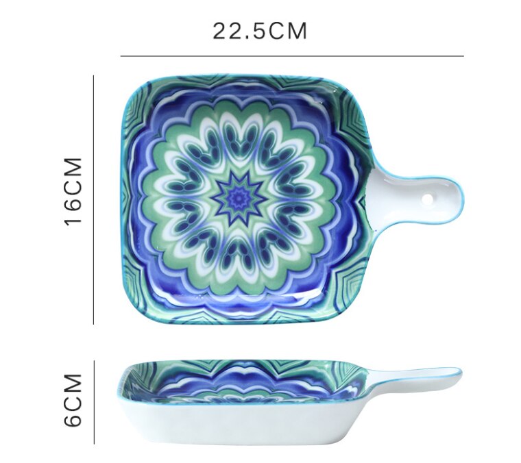 Bohemian Style Single Handle Square Baking Tray Ceramic Plate Household Dishes For Kitchen Utensils: 5